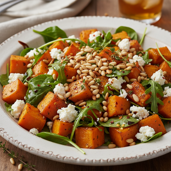 Roasted Pumpkin, Sweet Potato & Feta Salad with Toasted Pine Nuts recipe