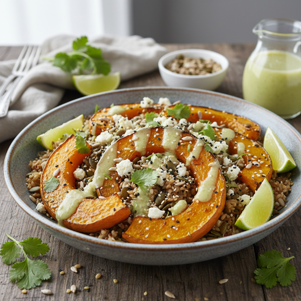 Roasted Pumpkin and Brown Rice Seed Salad with Zesty Lime Dressing recipe