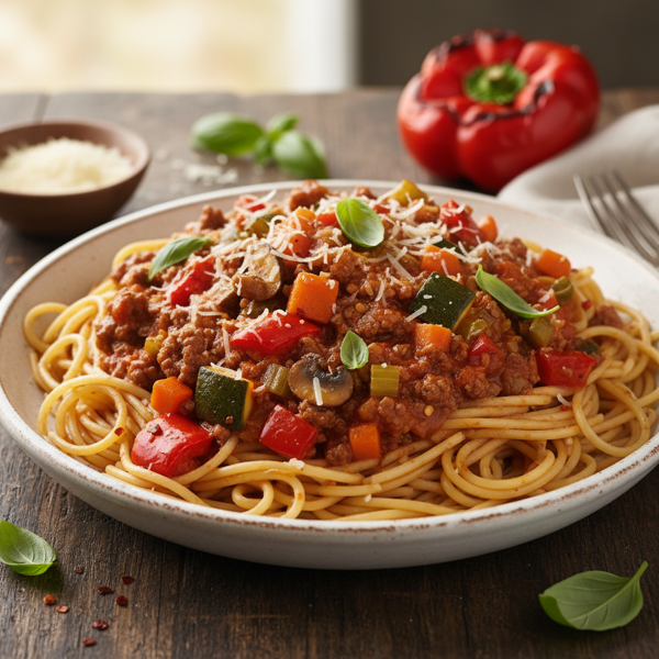 Roasted Red Pepper and Veggie-Loaded Spaghetti Bolognese recipe