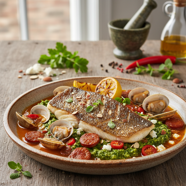 Rockfish with Moroccan Herb Pesto and Spicy Chorizo Clam Sauce recipe