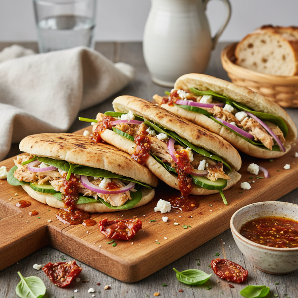 Rustic Chicken Pitas with Sun-Dried Tomato Vinaigrette recipe