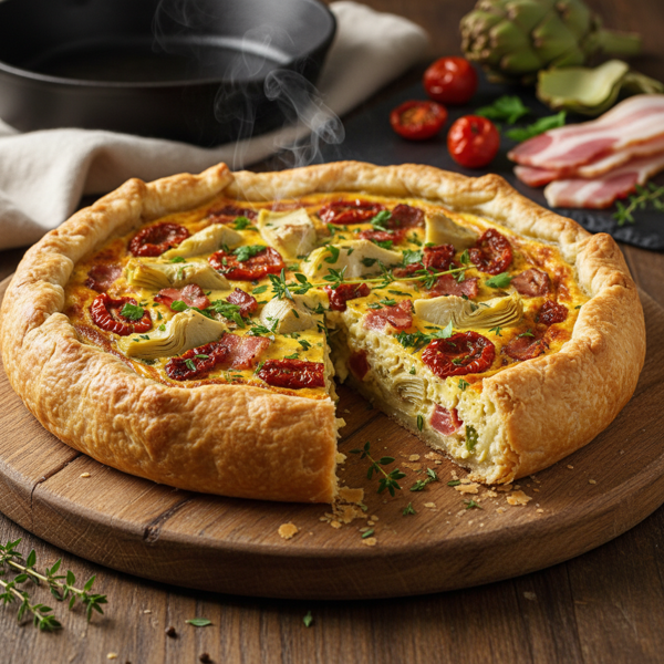 Rustic Deep-Dish Quiche with Sun-Dried Tomatoes, Artichokes, and Bacon recipe