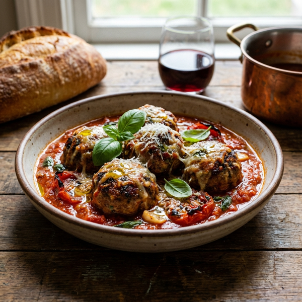 Rustic Italian Tomato Sauce with Savory Parmesan Meatballs recipe