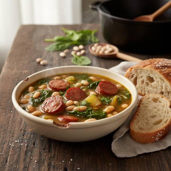Rustic Kielbasa and Spinach Bean Soup recipe