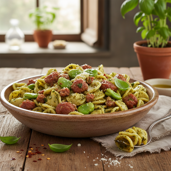 Rustic Orecchiette with Pesto, Broad Beans, and Italian Sausage recipe