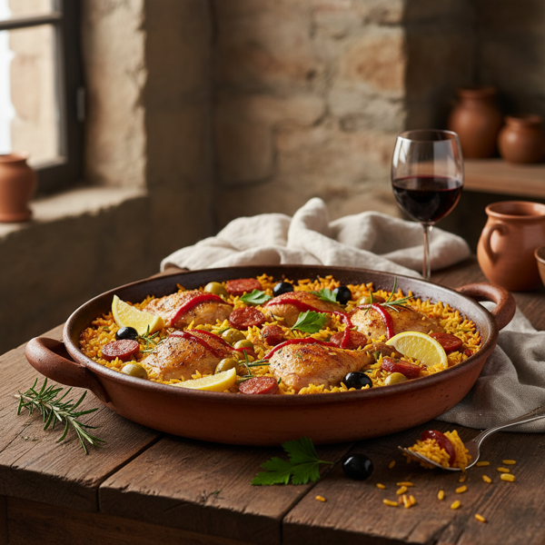 Rustic Spanish Chicken Rice with Olives and Chorizo recipe