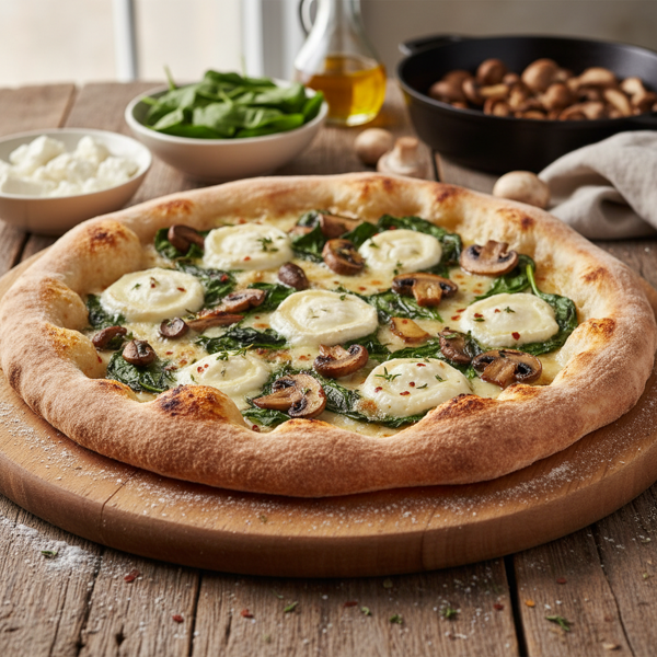 Rustic Spinach and Mushroom Goat Cheese Pizza recipe