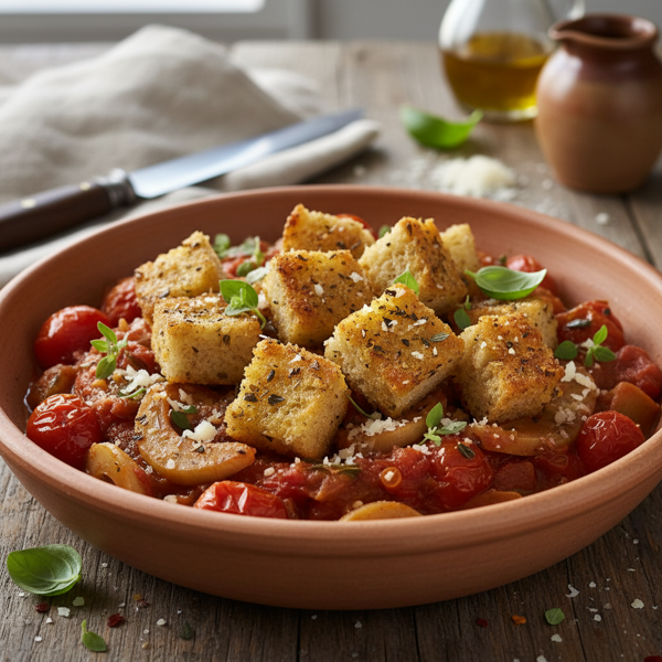 Rustic Tomato and Fennel Delight with Toasted Garlic Croutons recipe