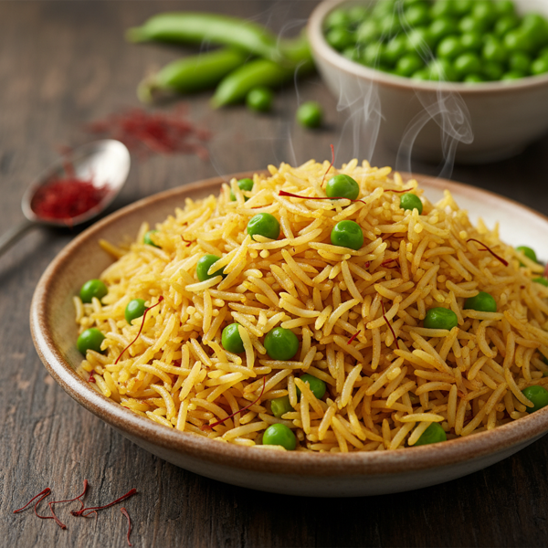 Saffron-Infused Basmati Rice with Vibrant Green Peas recipe