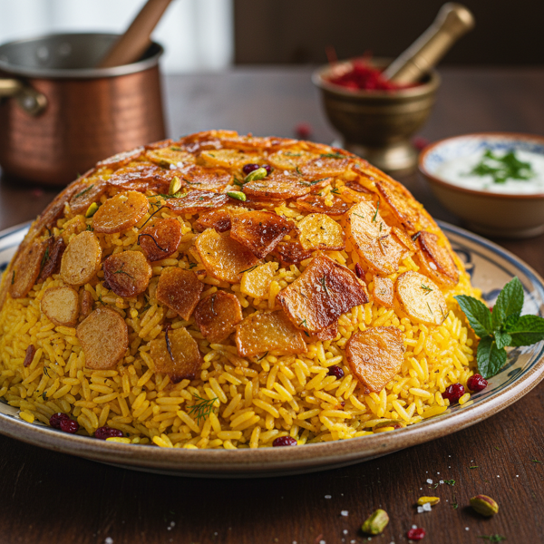 Saffron-Infused Persian Rice with Crispy Potato Topping recipe