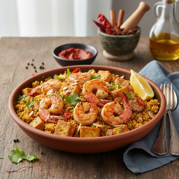 Saffron-Spiced Couscous with Prawns and Tofu recipe