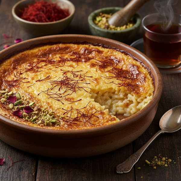 Saffron Infused Baked Rice Pudding Delight recipe
