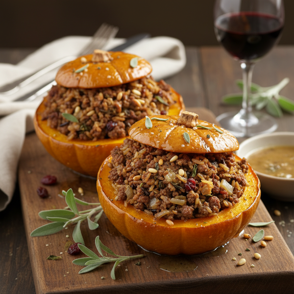 Sage-Infused Beef and Rice Stuffed Acorn Squash recipe