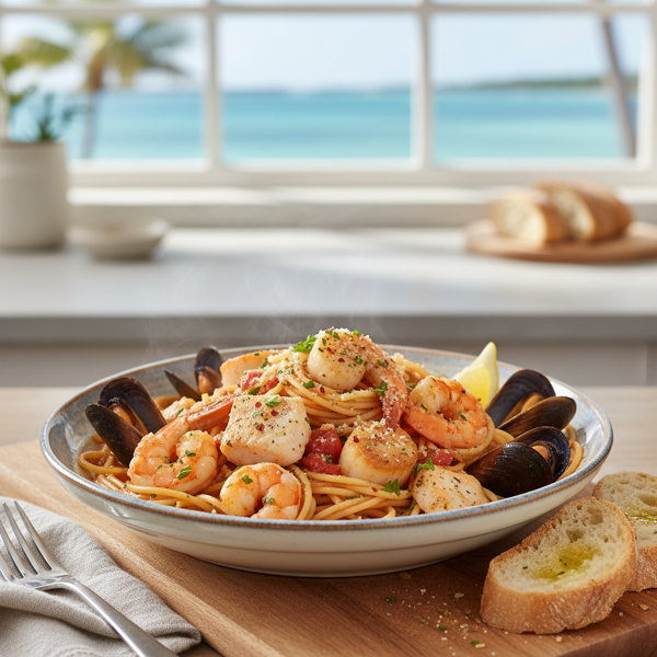 Sarasota's Elegant Seafood Spaghetti in a Lush White Wine and Tomato Broth recipe