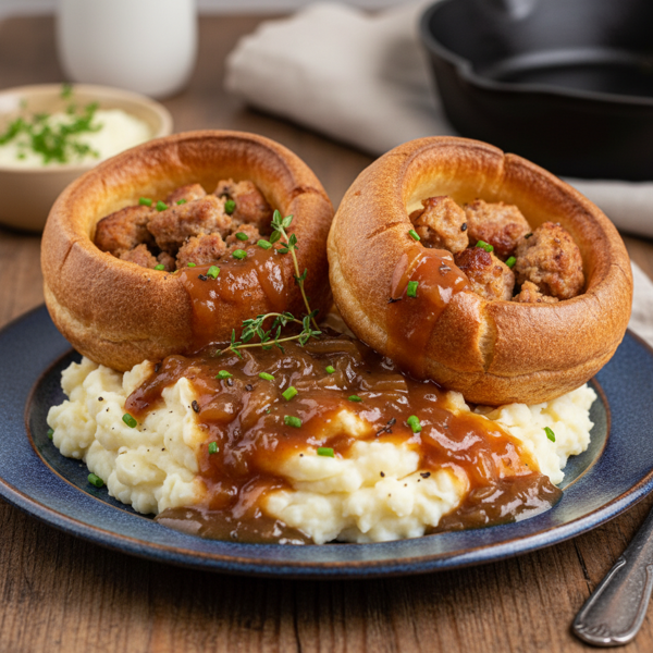 Sausage-Stuffed Yorkshire Pudding with Creamy Mash & Onion Gravy recipe
