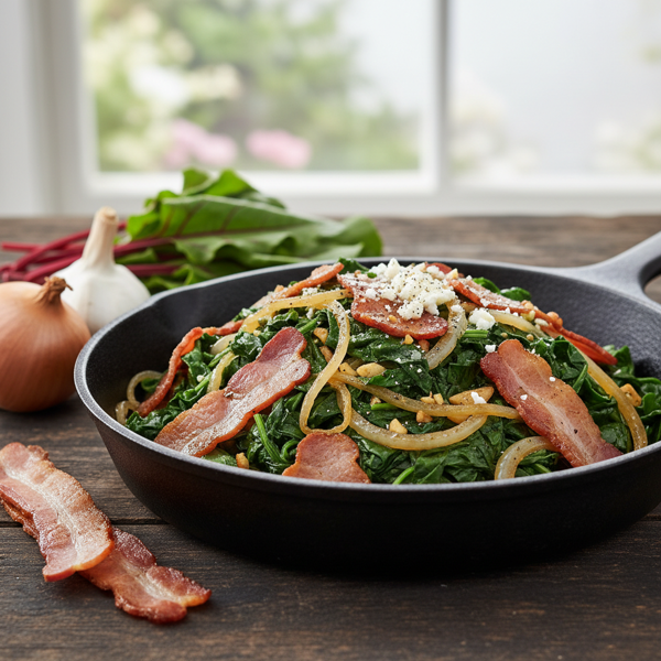 Sautéed Beet Greens with Crispy Bacon and Sweet Onions recipe