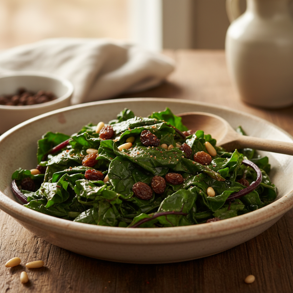 Sautéed Beet Greens with Raisins, Pine Nuts, and a Hint of Allspice recipe