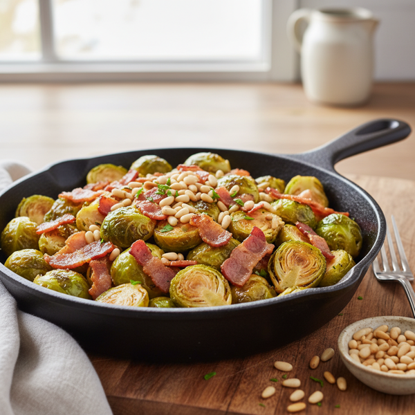 Sautéed Brussels Sprouts with Crispy Bacon and Pine Nuts recipe