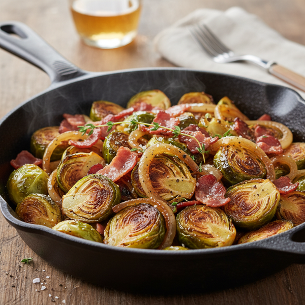 Sautéed Brussels Sprouts with Smoky Bacon and Caramelized Onions recipe