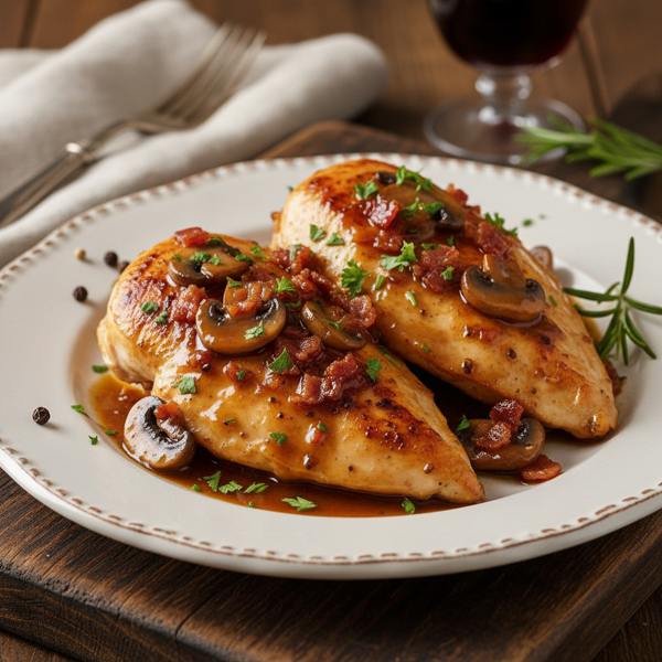 Sautéed Chicken Breasts with Savory Bacon-Mushroom Reduction recipe