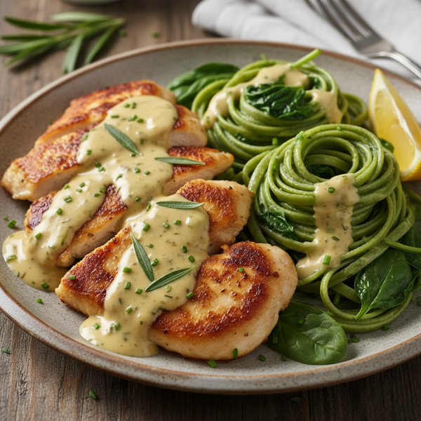 Sautéed Chicken with Heritage Bearnaise & Spinach Linguine recipe