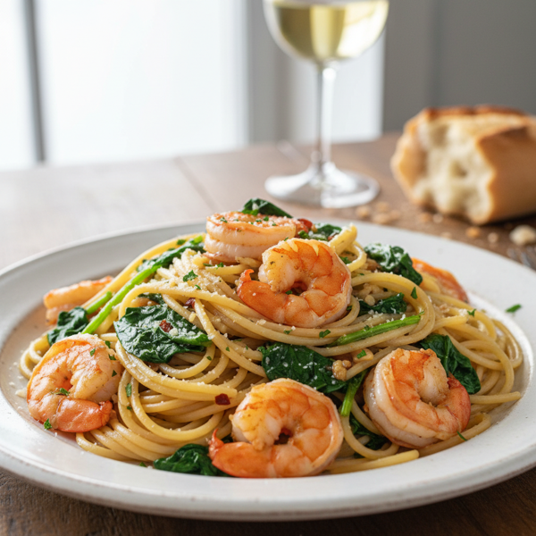 Sautéed Garlic Shrimp and Spinach Spaghetti recipe