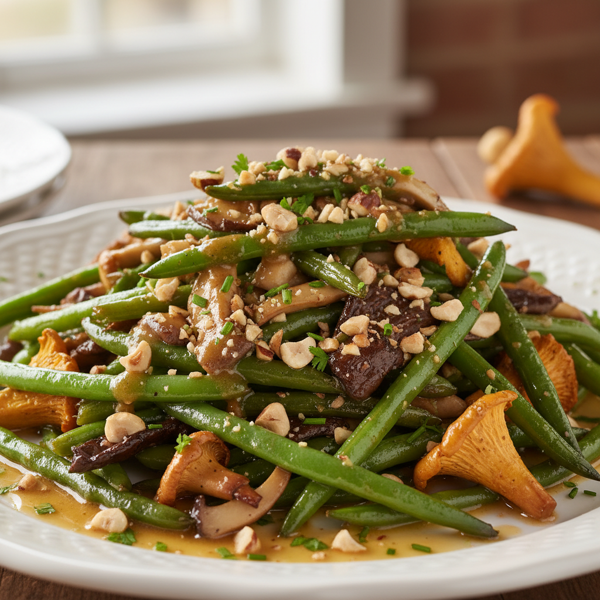 Sautéed Haricots Verts and Wild Mushroom Medley with Hazelnut Vinaigrette recipe
