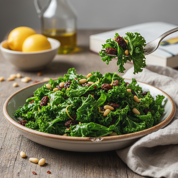 Sauteed Kale with Sweet Raisins and Crunchy Pine Nuts recipe