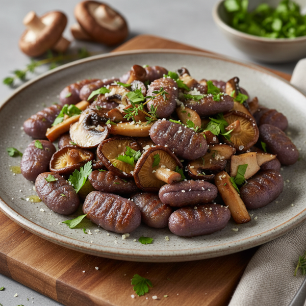 Sautéed Purple Yam Gnocchi with Shiitake Mushroom Medley recipe