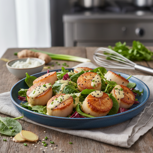 Sautéed Scallops with Creamy Miso Dressing on Greens recipe