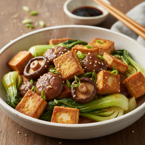 Sautéed Shiitake Mushrooms with Crispy Tofu and Bok Choy in Ginger Soy Sauce recipe