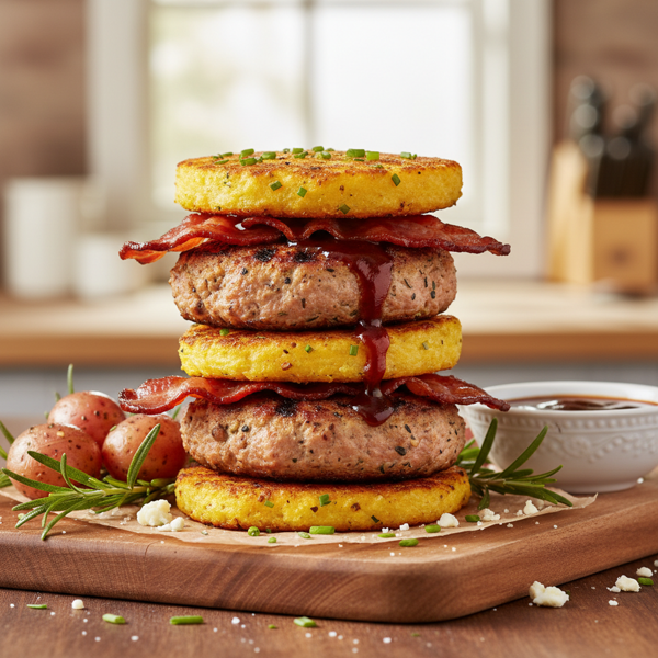 Savory A1 Bacon Turkey Sliders on Creamy Polenta Cakes recipe