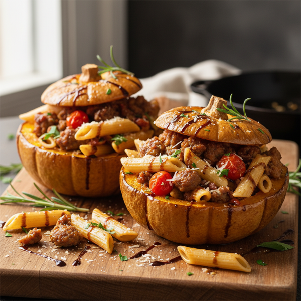 Savory Acorn Squash Boats Filled with Italian Sausage and Penne recipe