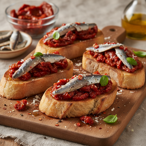 Savory Anchovy & Sun-Dried Tomato Bruschetta recipe