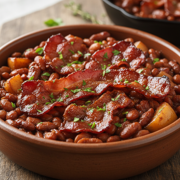 Savory Apple Butter Baked Beans with Bacon recipe