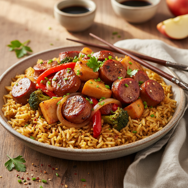 Savory Apple Chicken Sausage Stir-Fry over Seasoned Rice recipe