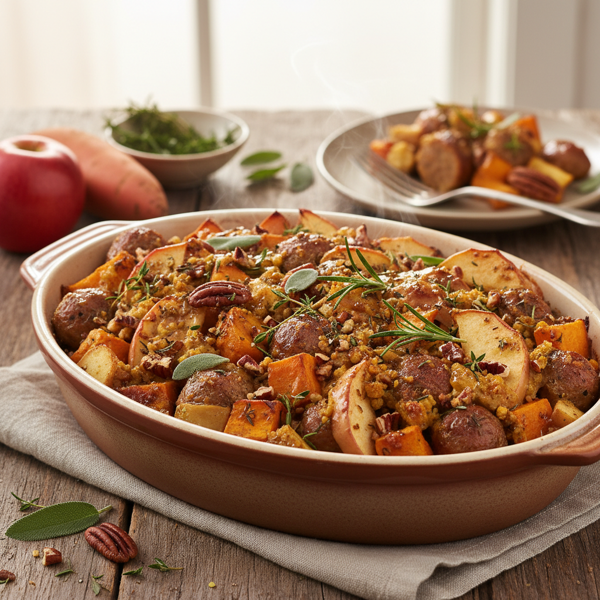 Savory Apple & Sweet Potato Bake with Vegetarian Sausage recipe