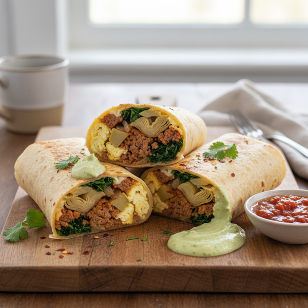 Savory Artichoke & Sausage Breakfast Burritos recipe