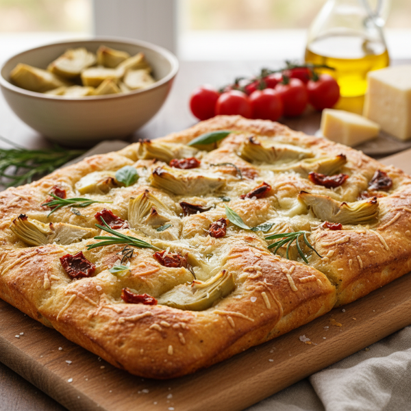 Savory Artichoke and Tomato Asiago Focaccia recipe