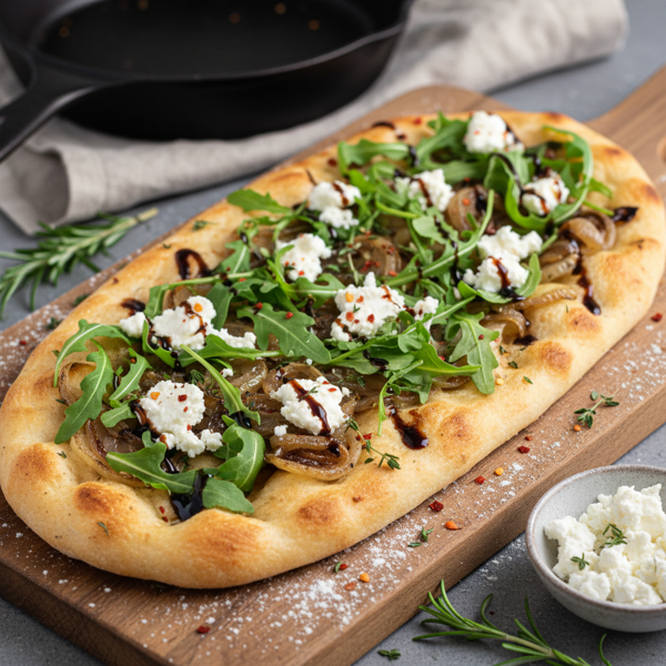 Savory Arugula, Caramelized Onion, and Goat Cheese Flatbread recipe