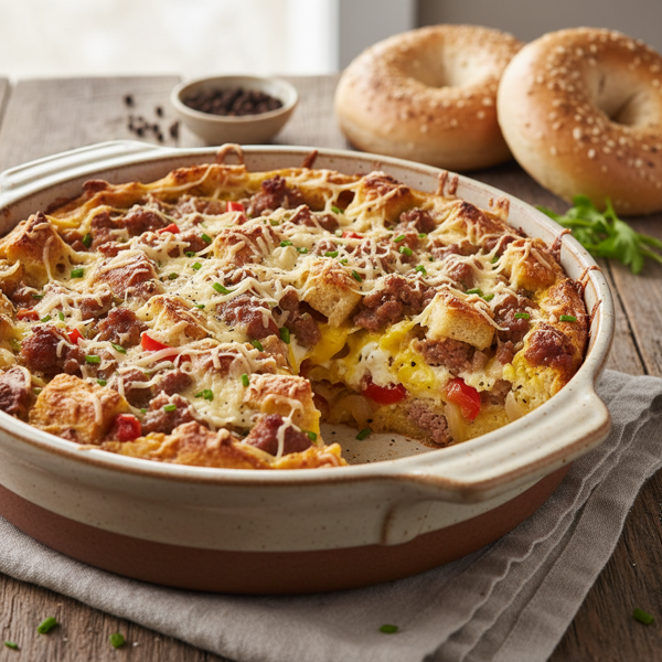 Savory Asiago Bagel Breakfast Casserole recipe