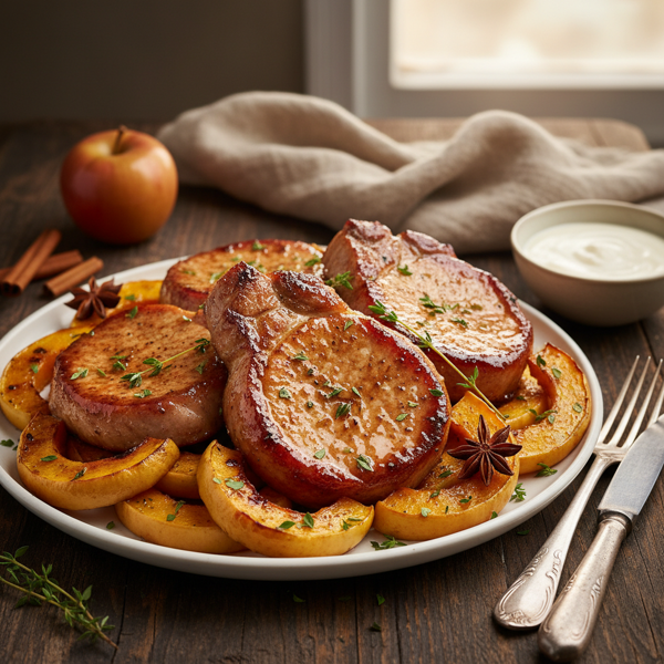Savory Autumn Pork Chops with Roasted Apples and Acorn Squash recipe