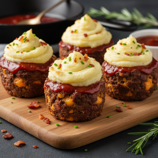 Savory BBQ Bacon Cheddar Meatloaf Cupcakes with Creamy Mashed Potato Swirl recipe