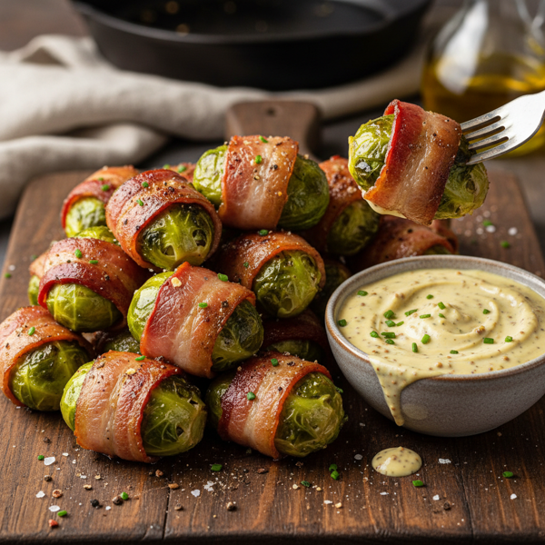 Savory Bacon-Wrapped Brussels Sprouts with Creamy Mustard Dip recipe