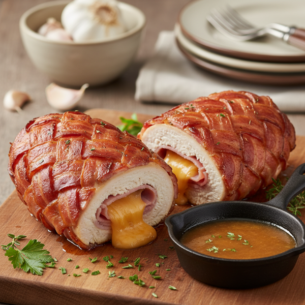 Savory Bacon-Wrapped Chicken Breasts with Savory Ham and Muenster Cheese recipe