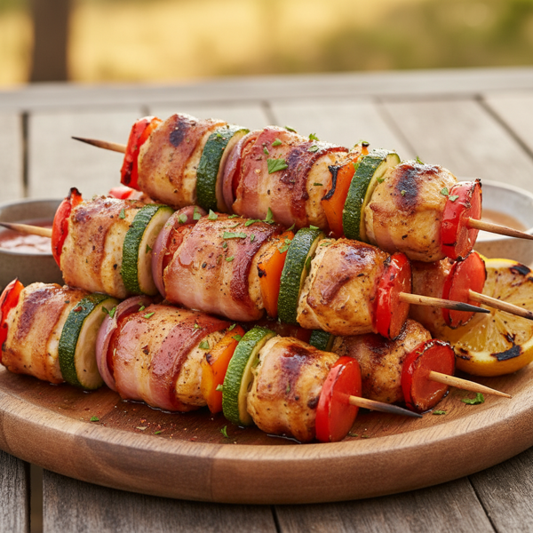 Savory Bacon-Wrapped Chicken & Veggie Skewers recipe