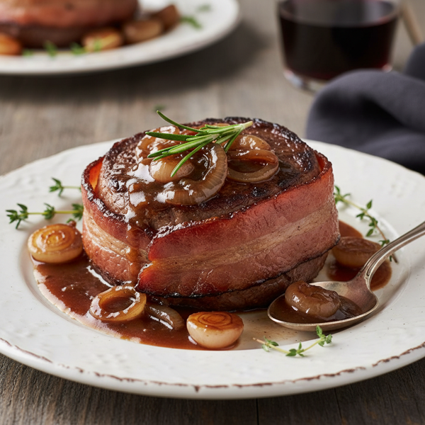 Savory Bacon-Wrapped Filet Mignon with Rich Balsamic Onion Reduction recipe