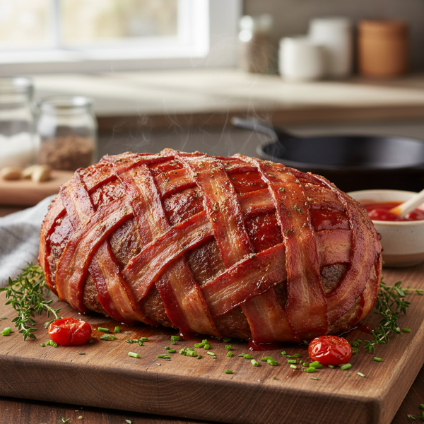 Savory Bacon-Wrapped Meatloaf with Sweet Ketchup Glaze recipe