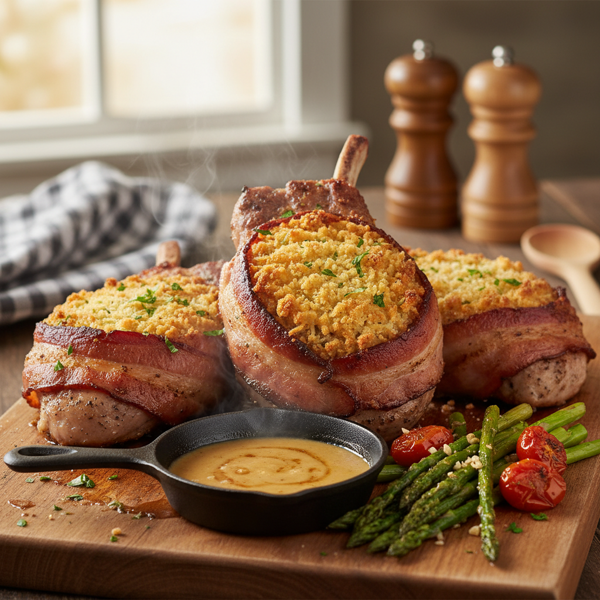 Savory Bacon-Wrapped Pork Chops with Parmesan Crust recipe