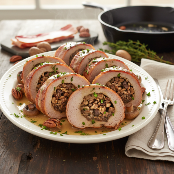 Savory Bacon-Wrapped Pork Tenderloin with Mushroom-Pecan Filling recipe